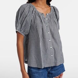 INDUSTRY BLUE GINGHAM COTTON PUFF SLEEVE JUNE BOHO TOP PREPPY COTTAGE Ivory S